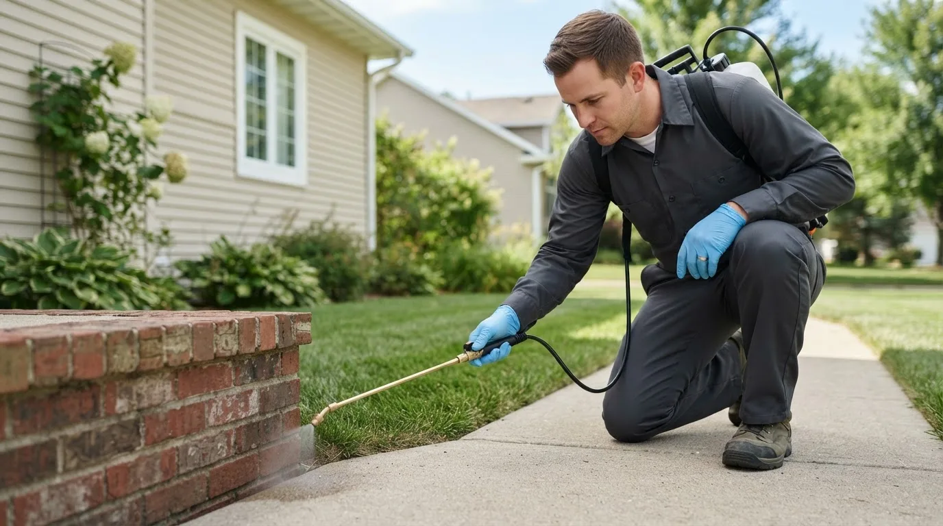Pest control technician treating a home near Frazee, MN